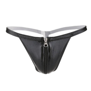 Leather Temptation: Women's Front-Opening T-Pants with Zipper Thongs