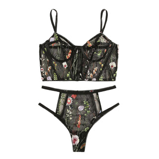 Mesh See-through Floral Embroidery Bustier Bra Set