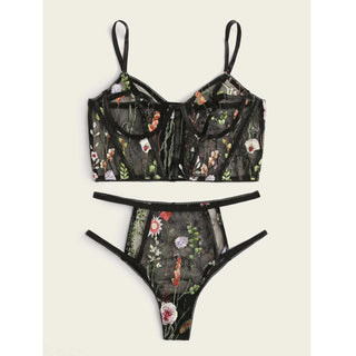 Mesh See-through Floral Embroidery Bustier Bra Set