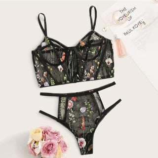 Mesh See-through Floral Embroidery Bustier Bra Set