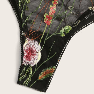 Mesh See-through Floral Embroidery Bustier Bra Set