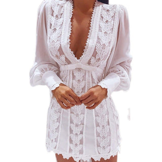 White V Neck Lace Dress Long Puff Sleeve Butterfly Playsuit