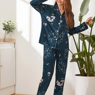 Silk Print Pajama Set Long Sleeve Tops And Pants Sleepwear