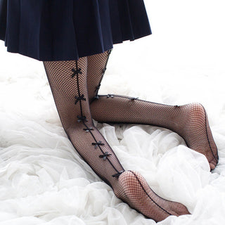 Vertical Bowknot Small Net Black Hosiery