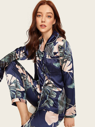 Silk Print Pajama Set Long Sleeve Tops And Pants Sleepwear