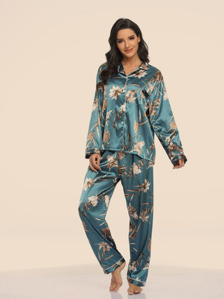 Silk Print Pajama Set Long Sleeve Tops And Pants Sleepwear