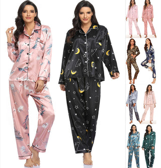 Silk Print Pajama Set Long Sleeve Tops And Pants Sleepwear